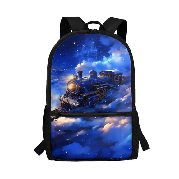 Binienty Galaxy Steam Train Kids School Backpack 17 Inch for Primary Students Ages 6-12 Built-in Laptop Sleeve Customizable Shoulder Straps Large Capacity Bookbag Back to School Gifts