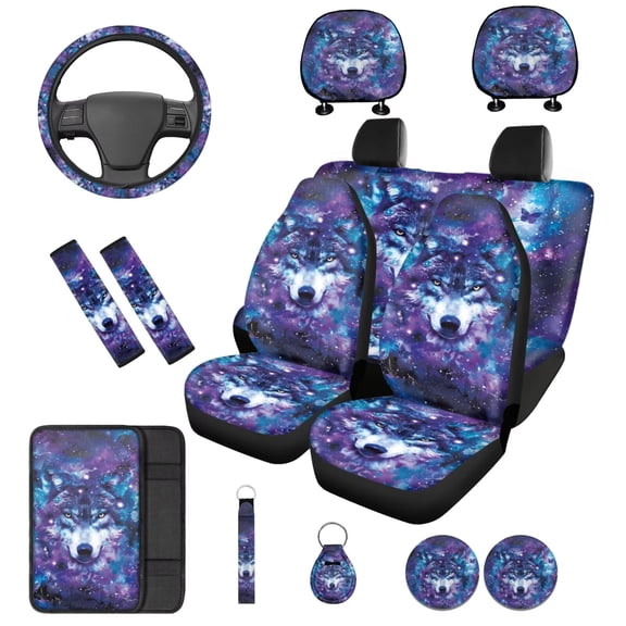 Binienty Galaxy Wolf Auto Seat Covers Full Set with Headrest Covers Armrest Pad Shoulder Seatbelt Pads 15 Inch Car Steering Wheel Cover Keychains 14 Pieces Automotive Interior Decor