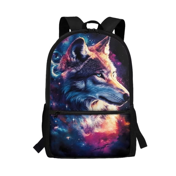 Binienty Galaxy Wolf Print School Backpack for Teens Elementary Middle School Students 17 Inch Large Capacity Bookbag with Customizable Straps Front Zipper Pocket Casual Daypack Gift