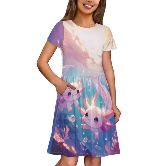 Binienty Girls Casual Dresses Size 11-12 Cute Breathable Short Sleeve Axolotl Blue Casual Sun Dress Kids Soft Skater Sundress with Pockets Children Summer Outfits