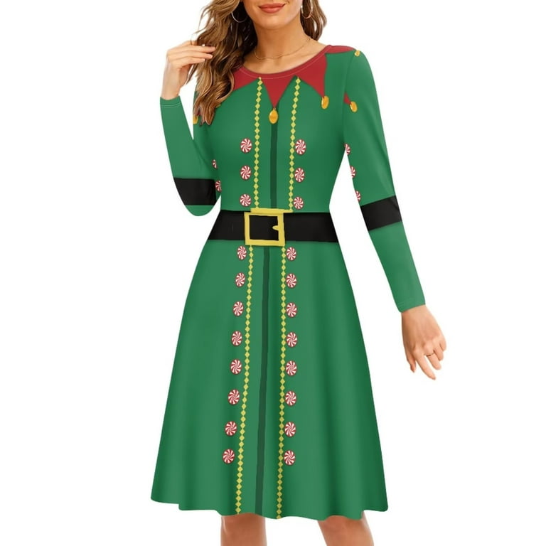 Binienty Girls Christmas Dress Xmas Green Xmas Elf Printed Women's Ugly  Christmas Casual Flared Evening Wear O-Neck Long Evening Dress Midi Twirly  Skater One Piece Graphic Breathable Dresses Fall M 