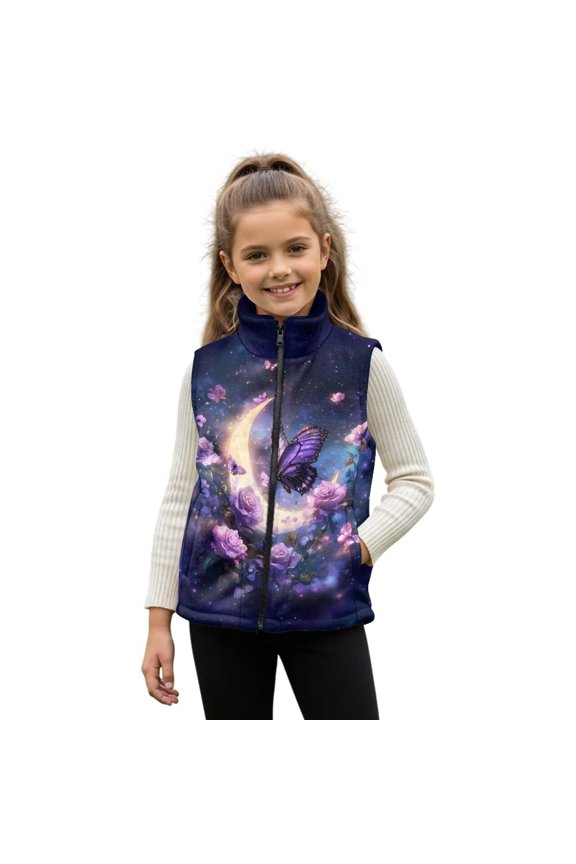 Girls Vest Waistcoat Size 5-6 Cute Thick Fluffy Fleece Jacket Children Trendy Warm Vest Soft Comfy Kids Fall Winter Outfits​, Butterfly Rose Moon