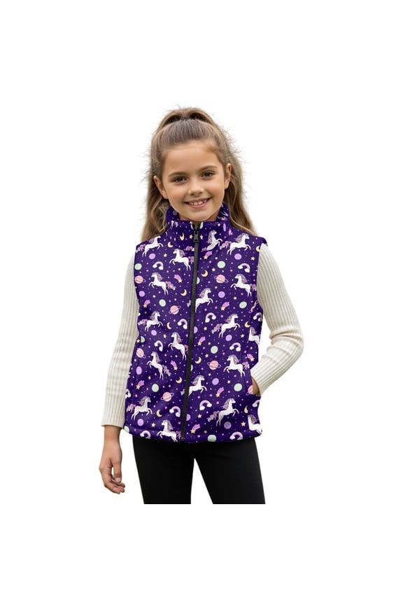 Girls Zip Up Fleece Vest Planet Horse Print Sleeveless Fluffy Vests for Toddler Stand Collar Jacket with Pockets Warm Winter Girls' Outerwear Vests