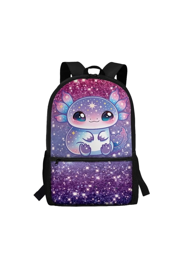 Glitter Purple Axolotl School Backpack for Kids Elementary Students 17 Inch Large Capacity Bookbag with Customizable Straps Front Zipper Pocket Back to School Gifts