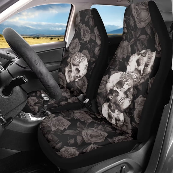 Binienty Gothic Floral Skull Car Seat Covers Set Of 2 Elastic Fabric Front Bucket Seat Covers Halloween Stretch Seats Protector Universal Fit Car Interior Decor