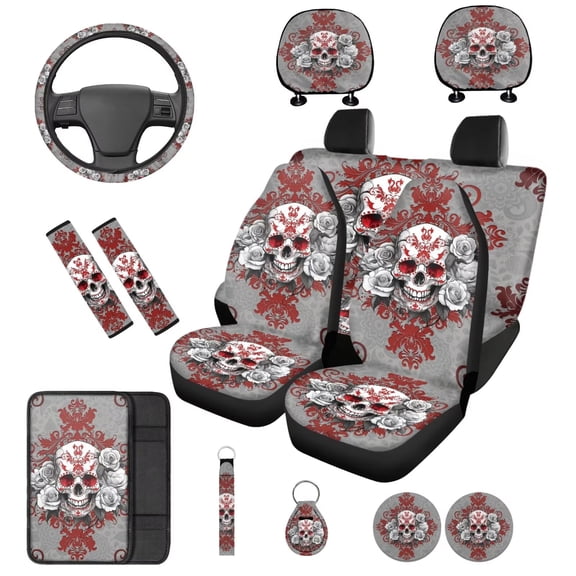 Binienty Gothic Skull Car Seat Covers Full Set with Coasters Keychain Seat Belt Pads Steering Wheel Cover Armrest Pad Headrest Covers 14 Pieces Vehicle Interior Set