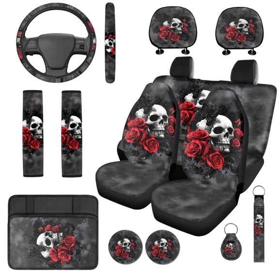 Binienty Gothic Skull Red Rose Automotive Seat Covers Front And Rear with Car Steering Wheel Cover Armrest Cushion Pad Headrest Covers Seat Belt Pads Auto Interior Accessories Set 14 Pack