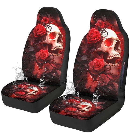 Binienty Gothic Skull and Rose Auto Seat Covers Waterproof Car Seat Covers Side Airbag Compatible Breathable Fabric Auto Accessories for Women Girly Car Interior Decor