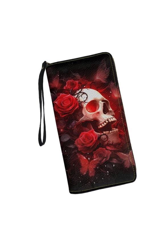 Gothic Skull and Rose Wallet Wristlet for Women RFID Blocking Small Leather Card Case Wallet with Zipper Clutch Purses for Ladies Waterproof Phone Holder Halloween Gifts for Mother