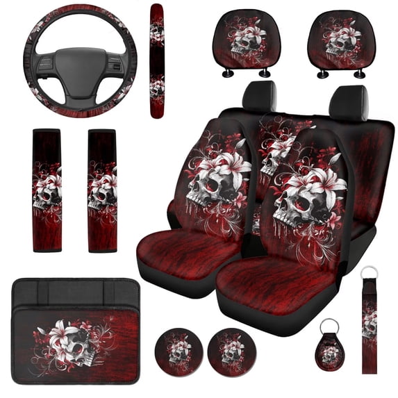 Binienty Gothic Skull Vehicle Seat Covers Front And Backseat with Car Seat Headrest Cover Armrest Cover Car Seat Belt Covers Keychain Auto Interior Accessories Set 14 Pieces