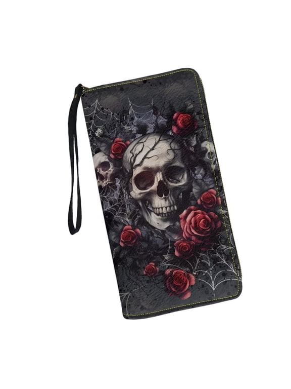 Gothic Skull Wristlet Wallet for Women Large Capacity RFID Phone Holder Clutch Purse Long Wallet Credit Card Holder Coin Money Clip PU Leather Zip Around Clutch Wallets