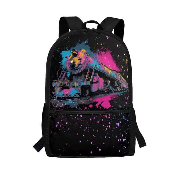 Binienty Graffiti Steam Train 17 Inch School Bookbag for Teens Multiple Front Storage Pockets Side Mesh Holders Large Capacity School Backpack Travel Daypack Rucksack for Students