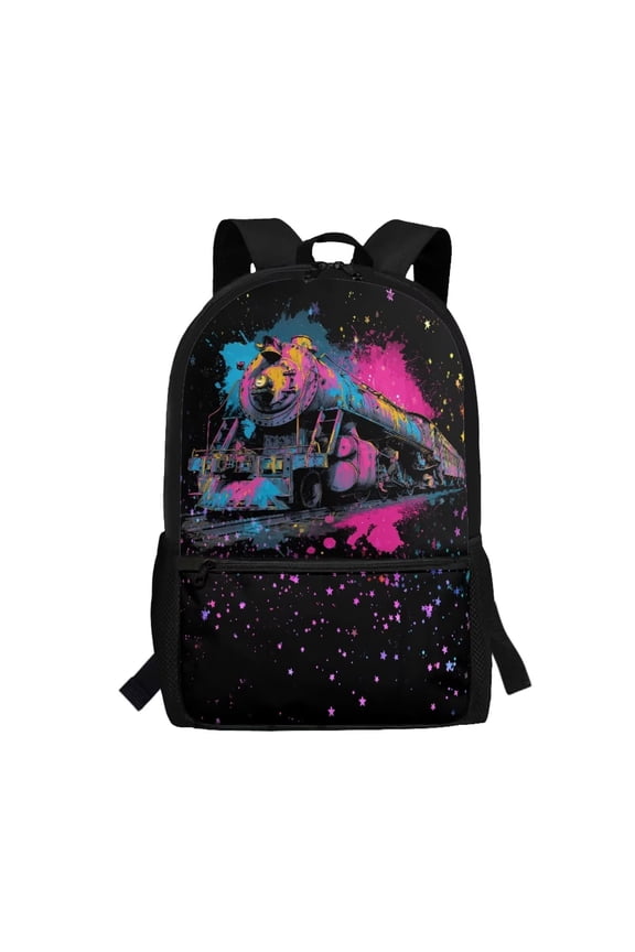 Graffiti Steam Train 17 Inch School Bookbag for Teens Multiple Front Storage Pockets Side Mesh Holders Large Capacity School Backpack Travel Daypack Rucksack for Students