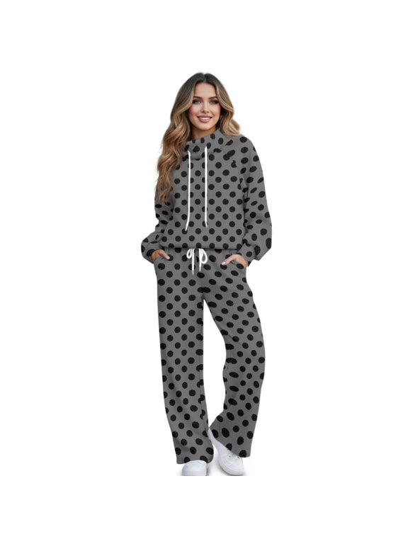 Gray Black Polka Dot Women's Loungewear Sets Funnel Neck Long Sleeve Sweatshirt Wide Leg Drawstring Sweatpants with Pockets Soft Casual Matching Sweatsuit 2 Piece Sets