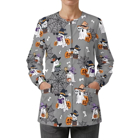 Binienty Gray Halloween Ghost Women's Warm Up Scrub Jacket Long Sleeve Lightweight Breathable Medical Work Coat with Pockets Button Front Nurse Uniform for Hospital