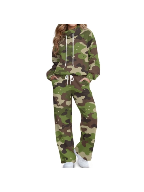 Green Brown Camo Women's 2 Piece Outfits Sweatsuits Sets, Mock Neck Long Sleeve Sweatshirt Wide Leg Pants Tracksuits Fall Casual Jogging Lounge Set with Pockets