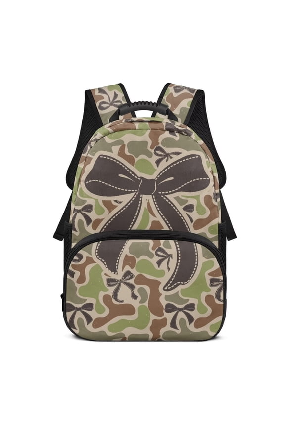 Green Camo Bow Backpack for Middle School Girls Lightweight Large Capacity School Backpack with Side Pockets School Bag Back to School Gifts for Kids