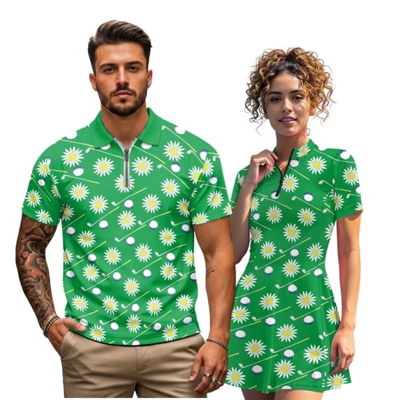 Binienty Green Daisy Golf Matching Golf Outfit for Couple Relaxed Athletic His and Hers Matching Golf Outfit for Couple Fashionable Quarter Zip Pullover Athletic Workout Dress