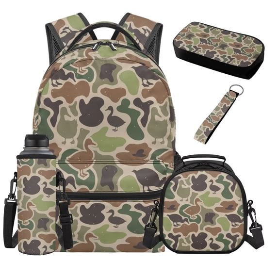 Binienty Green Duck Camo Kids Backpack With Lunch Bag Set For Boys 7-9 Lightweight Schoolbag With Thermal Lunch Bag Pencil Case Water Bottle Holder Keychain 5 PCS For School Travel Daypack