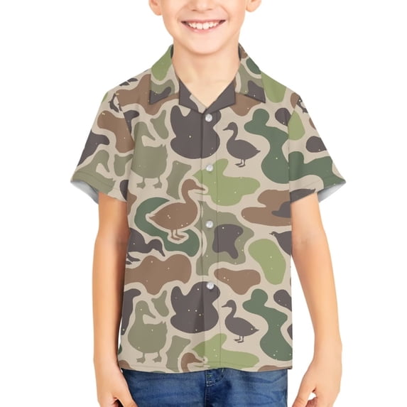 Binienty Green Duck Hunting Camo Boys Hawaiian Shirt Size 6 Cuban Collar Beach Shirt Breathable Button Down Tropical Shirt Soft Casual Youth Hawaiian Outfits