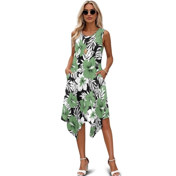 Binienty Green Hibiscus Floral Sleeveless Sundress, with Pocket Summer Irregular Hem Dress, Casual Ladies Dress for Work Leisure Travel