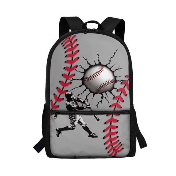 Binienty Grey Baseball Print Kids Backpack 17 Inch for School Girls 4th Grade Large Capacity Bookbag with Built-in Laptop Pocket & Mesh Side Holders Lightweight Casual Daypack