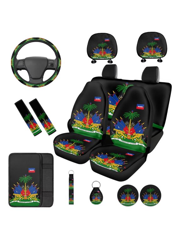 Haiti Flag Auto Seat Covers Front Split Rear 14 PCS with Headrest Covers Steering Wheel Cover Armrest Cushion Keychain Seat Belt Pads Coasters Automotive Interior Accessories Set