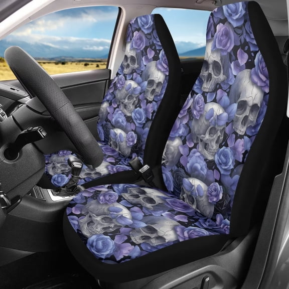 Binienty Halloween Auto Seat Covers Front Seats Only 2 Piece Purple Rose and Skull Car Accessories Decorative Interior Car Seat Covers Set Breathable Cloth Bucket Cushion Cover for Most Cars