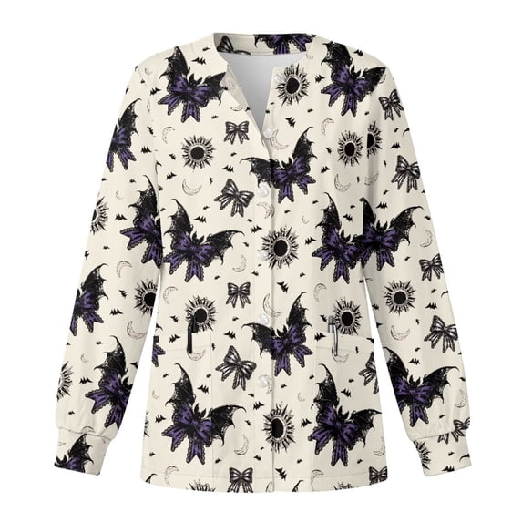 Binienty Halloween Bat Women's Long Sleeve Medical Scrub Jacket with Pockets Stretchy Breathable Fabric, Relaxed Fit for All Body Types, Suitable for Hospital Nurses, Halloween Nurse Costume