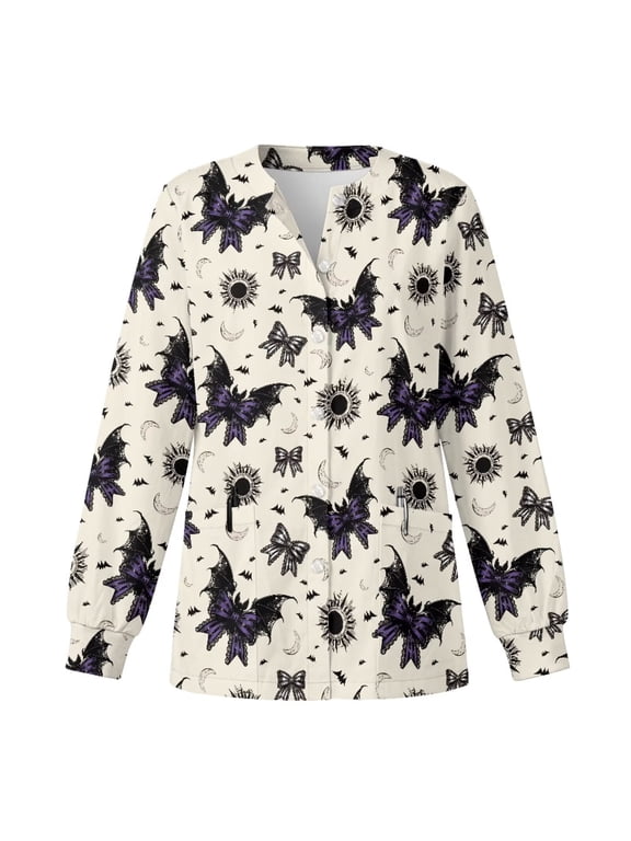 Halloween Bat Women's Long Sleeve Medical Scrub Jacket with Pockets Stretchy Breathable Fabric, Relaxed Fit for All Body Types, Suitable for Hospital Nurses, Halloween Nurse Costume