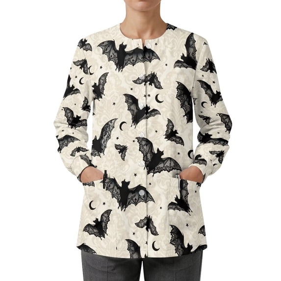 Binienty Halloween Bat Women's Long Sleeve Medical Scrub Jacket Snap Front Soft Breathable Fabric, Relaxed Fit, Button Front Closure, Suitable for Hospital, Halloween Holiday Medical Staff Wear