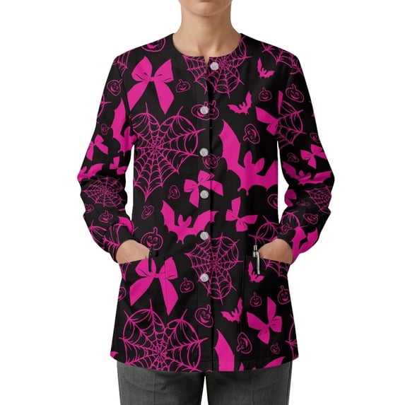 Binienty Halloween Bat Women's Stretch Fabric Scrub Jackets Pink Breathable Lightweight Snap Front Medical Scrubs for Women Soft for Hospital Medical Assistant Nurse Student Accessories