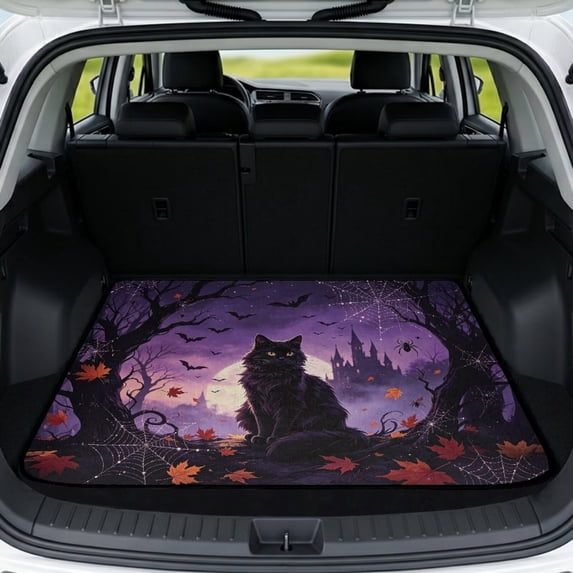 Binienty Halloween Black Cat Purple Print Car Trunk Mat, 29" x 39" Universal Size Anti-Skid Backing Rear Cargo Liner, Spooky Stylish Vehicle Interior Accessory Fits for Most Sedan