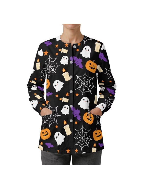 Halloween Ghost Medical Scrub Jacket for Women Crew Neck Long Sleeve Medical Jackets, for Medical Workplace, Medical Assistants Vet Workers Registered Nurse Costume Scrub Outfits