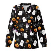 Binienty Halloween Print Women's Long Sleeve Medical Scrub Jacket Button Front Scrub Coats for Women Lightweight, for Clinic Medical Assistant Nurse Student Accessories