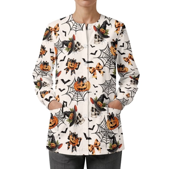 Binienty Halloween Pumpkin Skull Nursing Scrub Jackets for Women Snap Front Long Sleeve Medical Jackets, for Dental Office, Anti-Wrinkle, Lightweight, Vet Workers Female Nurses Scrub Outfits