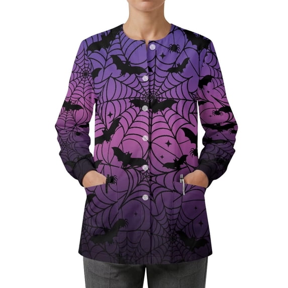 Binienty Halloween Spider Web Nurse Jacket for Women 4-Way Stretch Fabric Warm-Up Fitted Medical Jackets with 2 Pockets, Wrinkle Free, for Clinic Workplace, Registered Nurses Vet Workers Outfits
