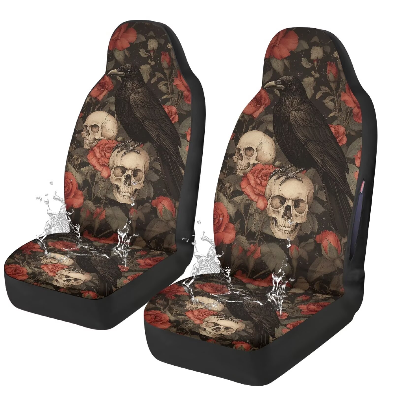 Binienty Halloween Waterproof Auto Seat Covers Black Crow Red Rose Skull Car Front Seat Covers 2 Pack Universal Automitive Bucket Protector Washable Car Interior Accessories, Airbag Compatible