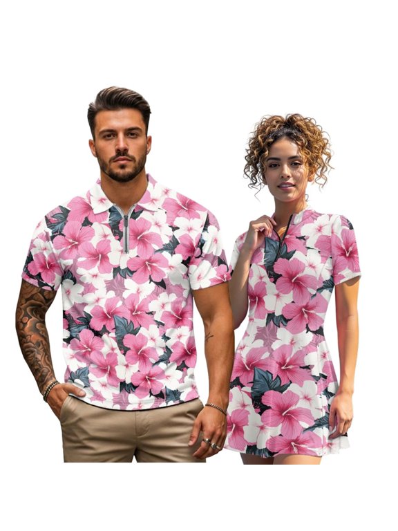 Hibiscus Floral Golf Clothing Set for Couple Fashion Summer Golf Outfit Set Men's Shirt Women's Short Sleeve Skirt with Zip Up Collar Casual Golf Wear for Workout Sports