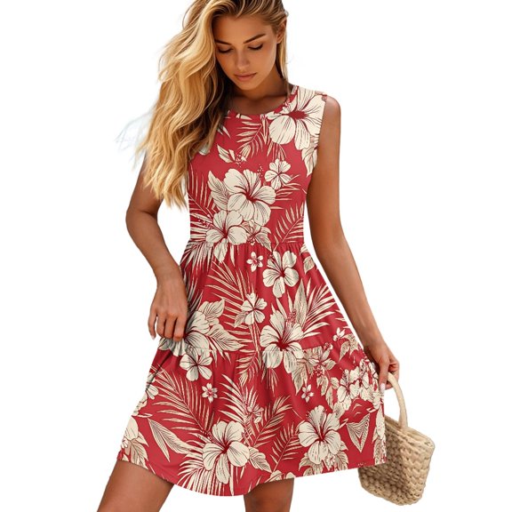 Binienty Hibiscus Floral Print Flowy Sundress for Women, Basic Casual Crew Neck Elegant Party Dress with A Line