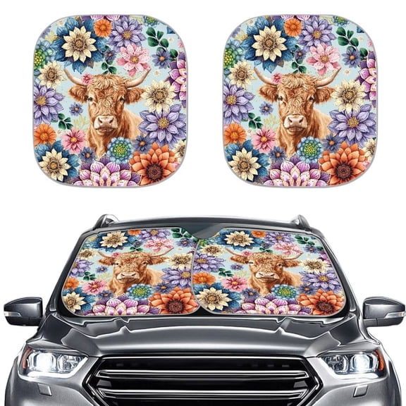 Binienty Highland Cow Car Sun Visor for Windshield for Women 2 Piece Boho Mandala Floral Car Windshield Sunshade Sun Reflector Easy to Install Auto Outdoor Protective Accessories