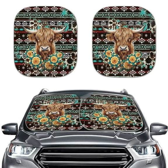 Binienty Highland Cow Ethnic Windshield Sun Shade for Sedan SUV Van Foldable Easy to Install Auto Vehicle Shield Reflector Blocking Screen Cover Polyester Cloth Universal Fit Women Men