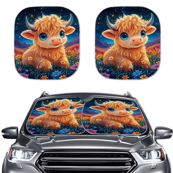 Binienty Highland Cow Girly Sun Visor for Car Windshield Cute Foldable Starry Sky Auto Sun Heat and UV Rays Blocker Universal for Auto Truck Van SUV 2 Pcs