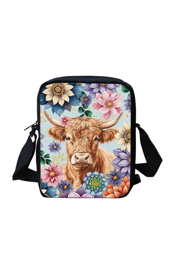 Highland Cow Print Small Messenger Bag for Women Boho Floral Crossbody Purse Anti Theft Phone Bag Pouch Lightweight Casual Cross Body Bags Gifts for Mom