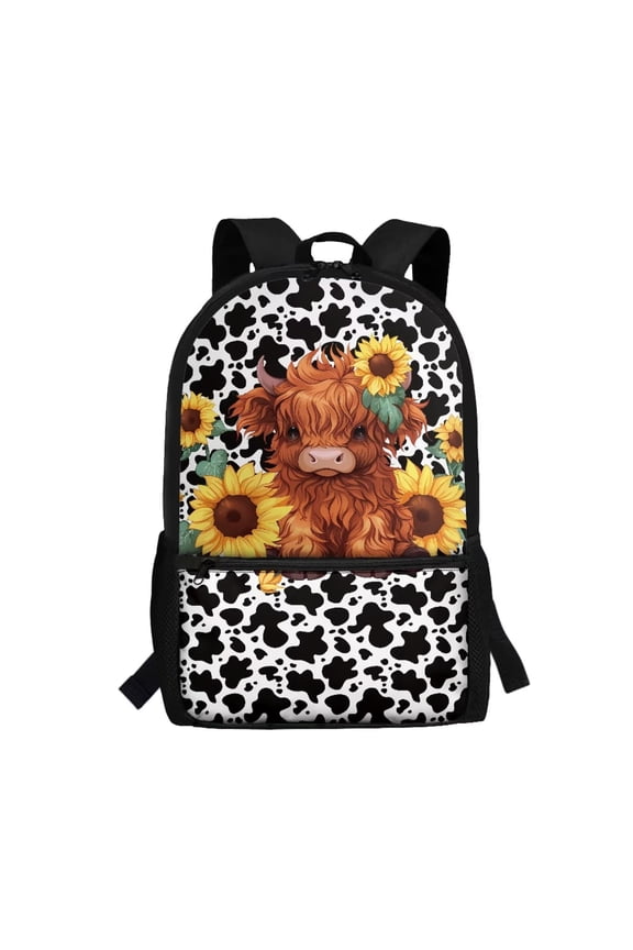 Highland Cow Sunflower Print School Backpack for Kids 6-14 Elementary Students 17 Inch Adjustable Straps Multiple Front Pockets Large Capacity Casual Travel Daypack