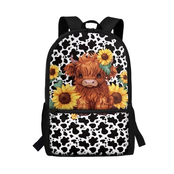 Binienty Highland Cow Sunflower Print School Backpack for Kids 6-14 Elementary Students 17 Inch Adjustable Straps Multiple Front Pockets Large Capacity Casual Travel Daypack