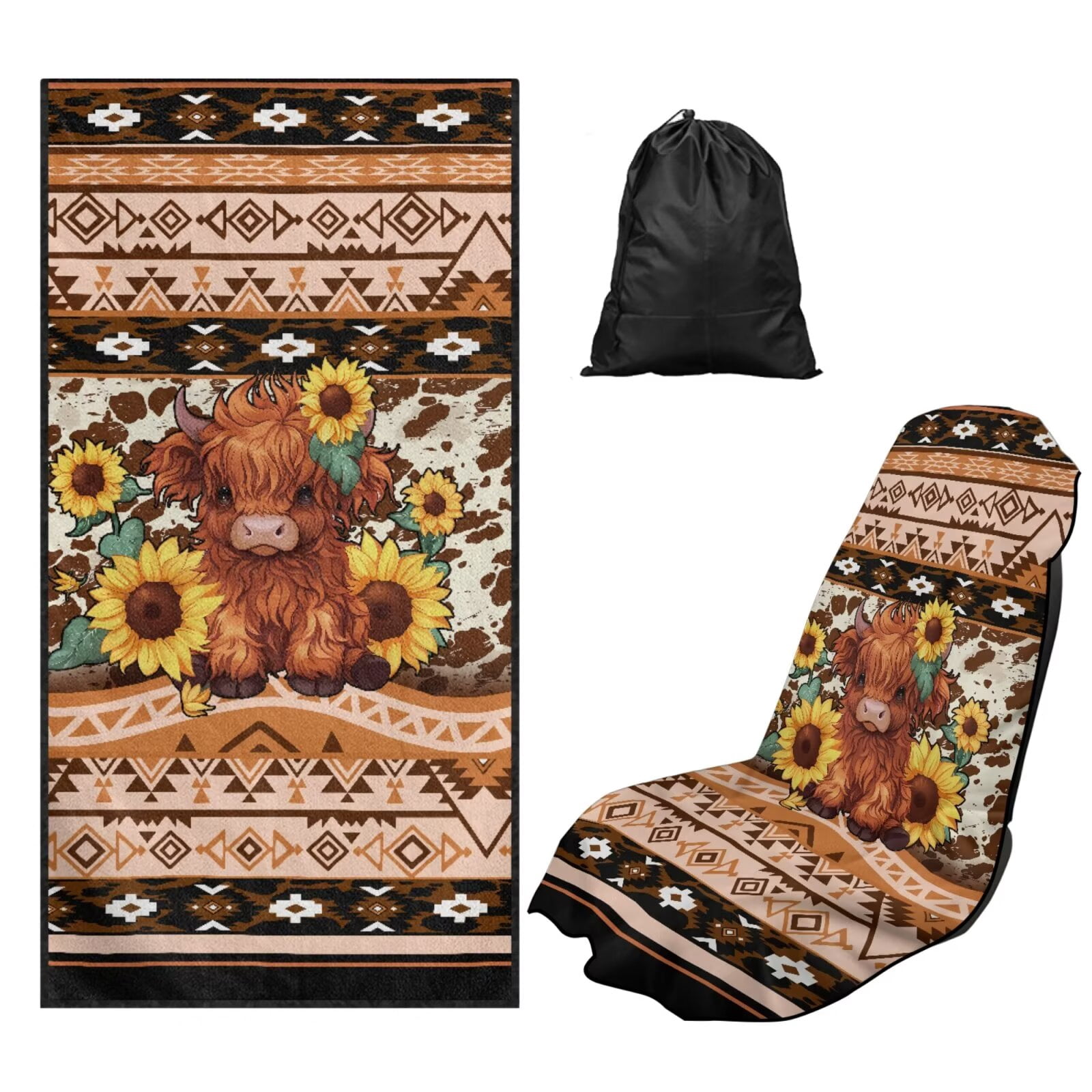 Binienty Highland Cow Sweat Proof Towel for Car Seat Soft Comfortable Removable Car Seat Towel Front Seats Cover After Gym Beach Yoga Workout Aztec Automotive Accessories