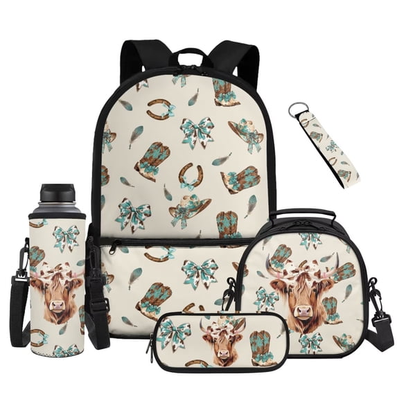 Binienty Highland Cow Western Bow Kids School Backpack With Lunch Box Set For Primary School Boys Zipped Book Bag Lunchbag Pen Case Organizer Keychain Students Back To School Gifts