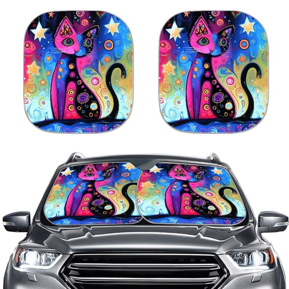 Binienty Hippie Cat Sun Shade for Car Windshield Cute Car Front Window Shades Foldable Automotive Sun Protection Visors Heat Reflector-Keep Your Vehicle Cool