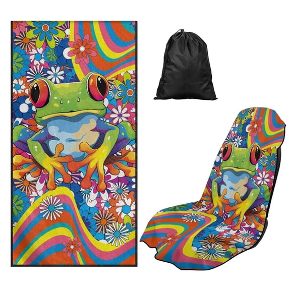 Binienty Hippie Floral Frog Car Seat Towel Cover After Gym Workout Beach Swimming Boho Sweating Car Seat Cover Fits for Car SUV Sedan Truck Front Seats